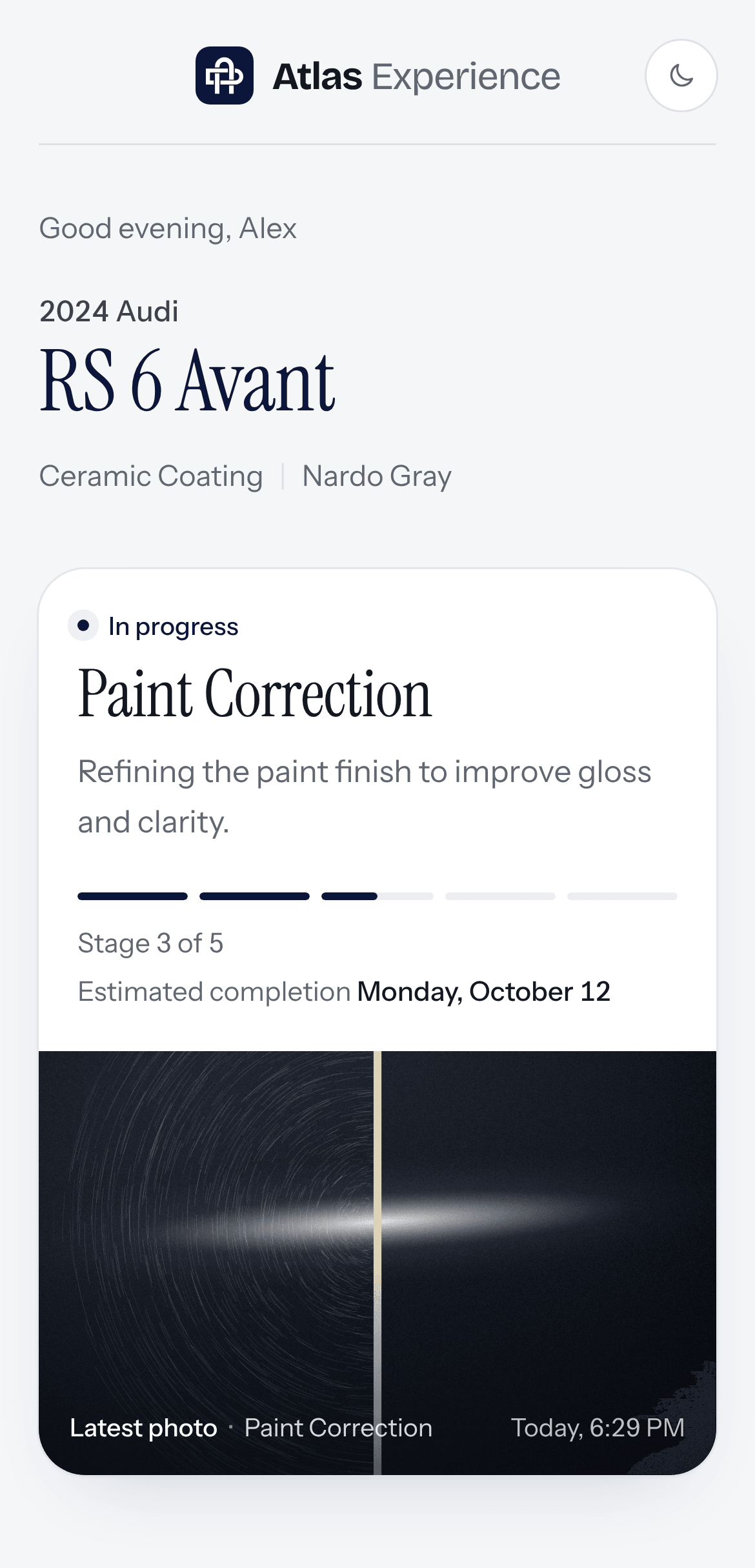 Customer tracking page in Light Mode: a 2024 Audi RS 6 Avant in Paint Correction, stage 3 of 5, with the latest photo.