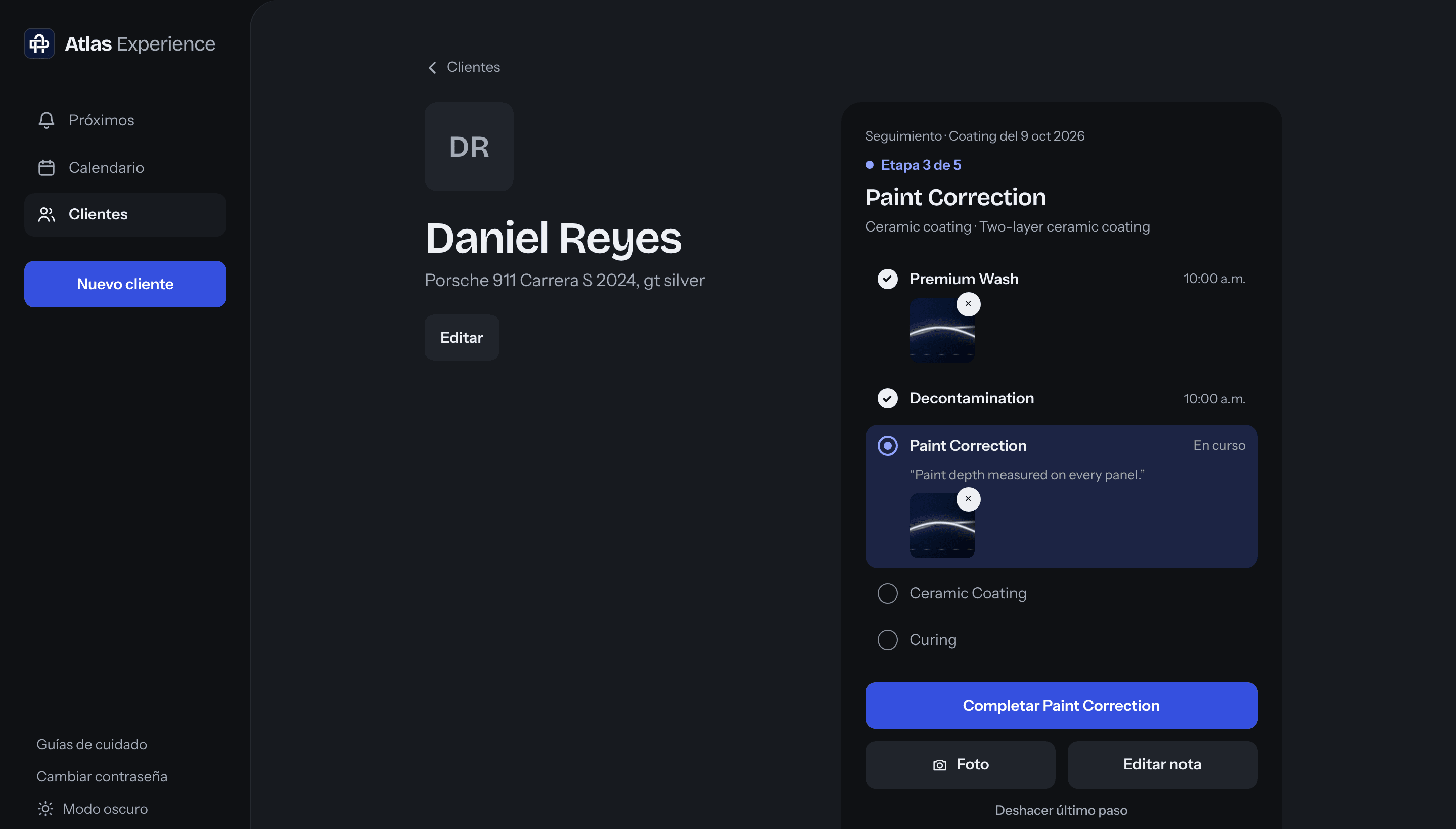 A client profile in Dark Mode with the active service: stages, photos, a note and the button to complete the current stage.