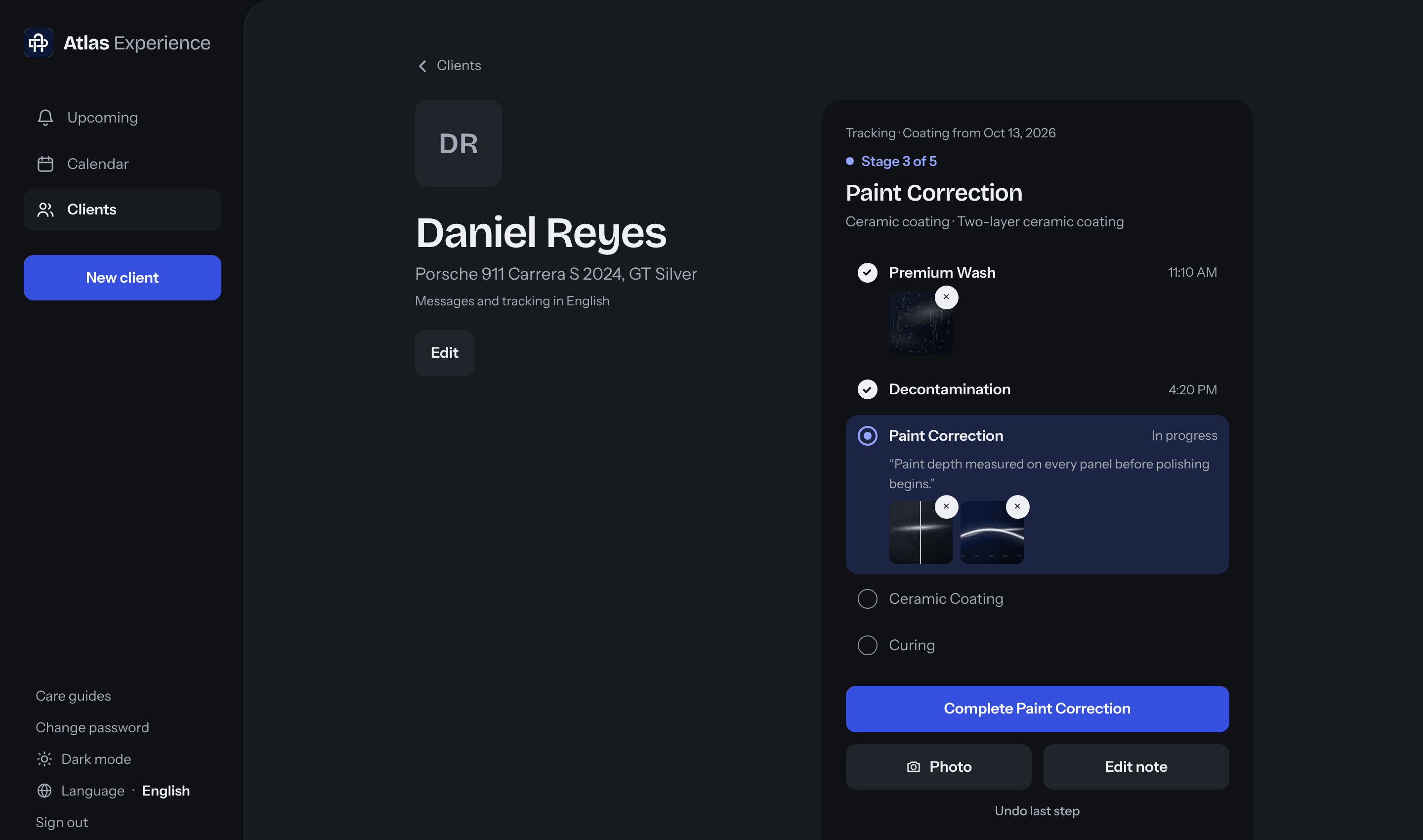 Atlas Experience management dashboard in Dark Mode: a client profile with the current stage of a ceramic coating, photos per stage and the button to complete the stage.